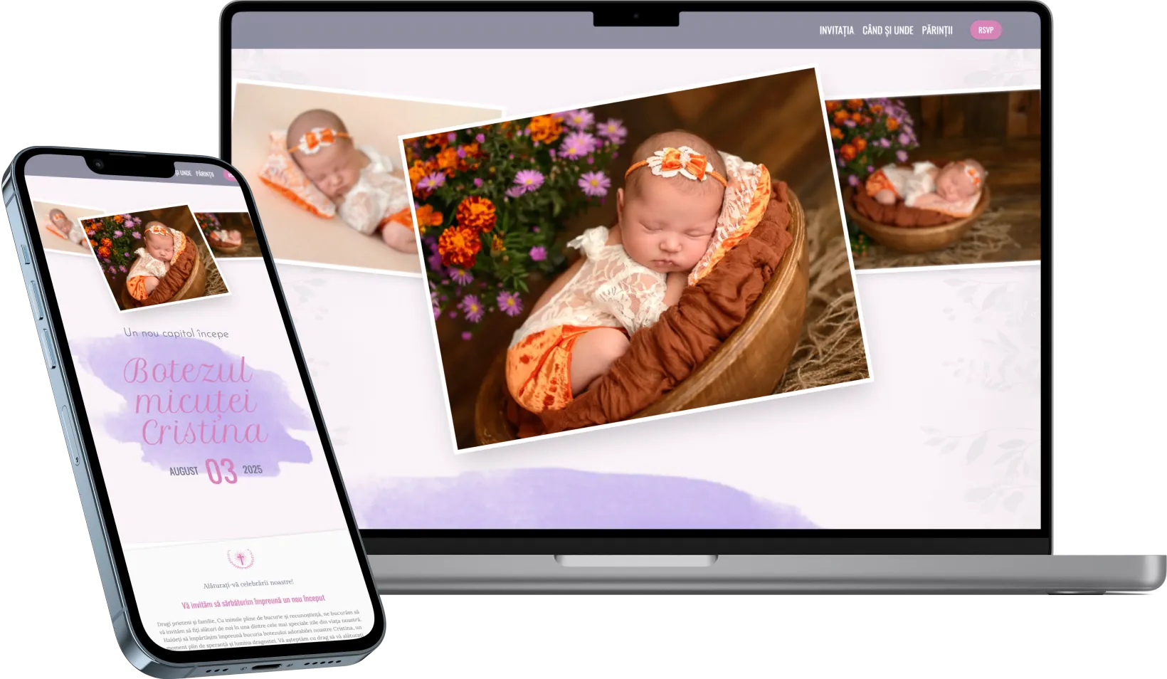 Invitatie Digitală Website de Botez 'Blossom Beginnings' | Celebrare Nouă Viață | Pinvite